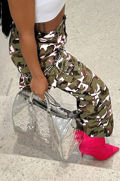 FAGADOER Pink Camouflage Print Pants Women Y2K Streetwear Button Pocket patchwork Straight Pants Hot girl Bottoms 2025