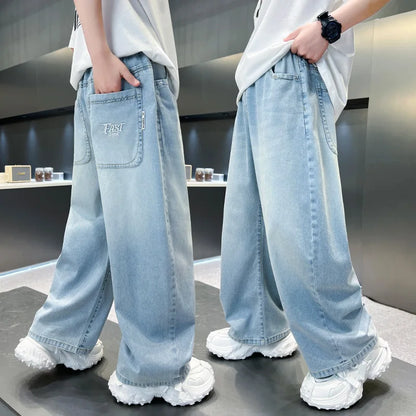 Kids Stylish Loose Straight Summer Patchwork Jeans for Tweens Boy Relaxed Fit Denim Pants Child Light Blue Washed Jeans Trousers