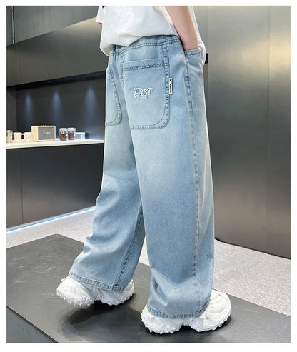 Kids Stylish Loose Straight Summer Patchwork Jeans for Tweens Boy Relaxed Fit Denim Pants Child Light Blue Washed Jeans Trousers