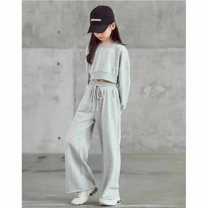 Girls Solid Colour Sets Children's Long-Sleeved Short Sweater Trousers 2Pcs Spring Autumn New Kids Fashion Casual Suit 4-12Y