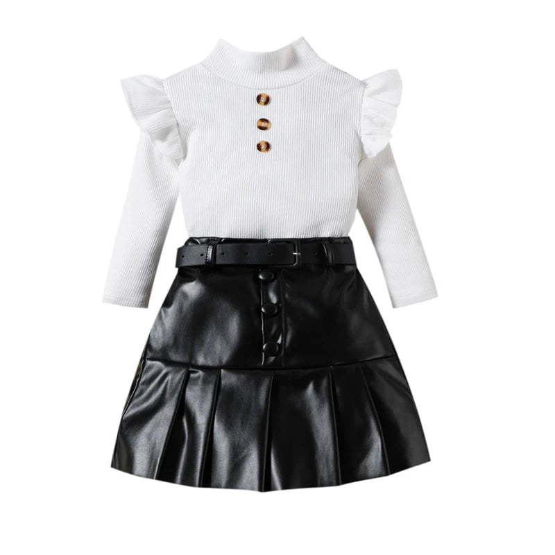 Pudcoco Toddler Girl 2 Piece Outfit Ruffles Long Sleeve Tops and Leather Pleated Skirt Set for Baby Fall Cute Clothes 18M-6T
