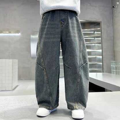 Elegant Children Vintage Blue Baggy Curved Jeans for Teenage Boy Fashion Casual Wide Leg Denim Pants Kids Loose Jeans Trousers
