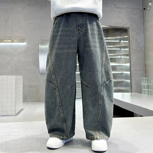 Elegant Children Vintage Blue Baggy Curved Jeans for Teenage Boy Fashion Casual Wide Leg Denim Pants Kids Loose Jeans Trousers