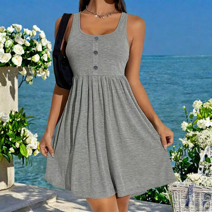 Fashionable plus size women's everyday sleeveless dress, square neck vest dress with button decoration