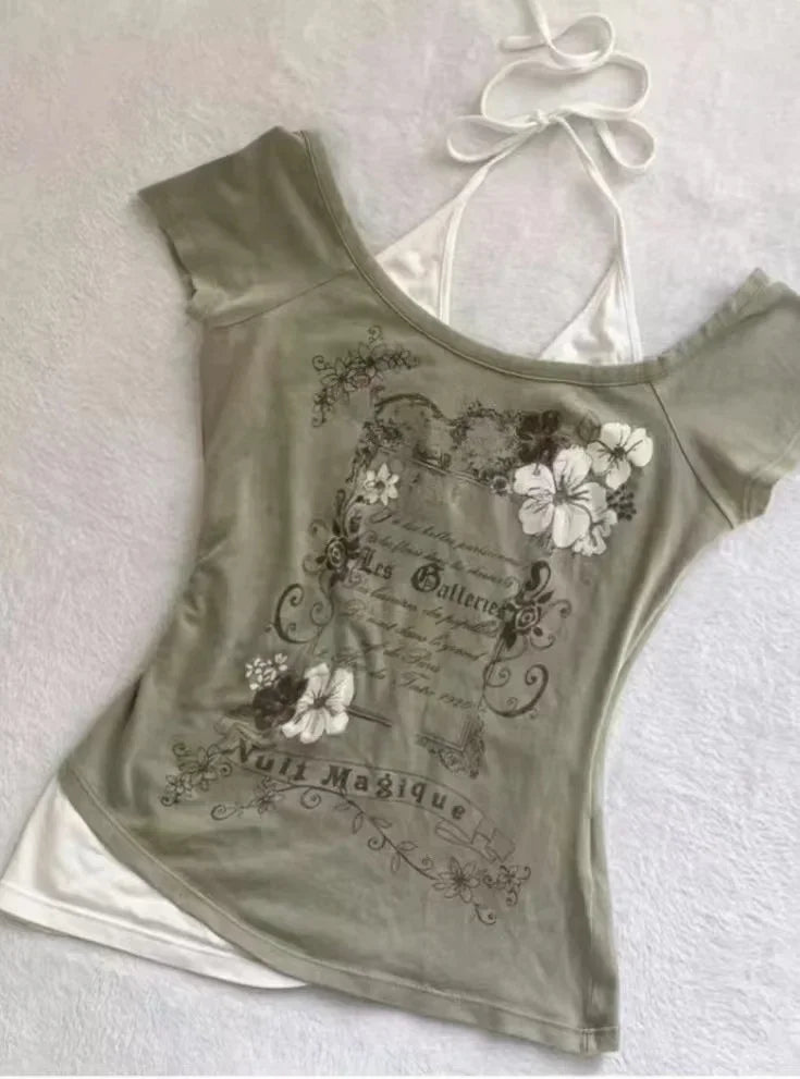 2025 New Y2k Vintage Graphic T Shirts Women Grunge Streetwear Hot Girl Slim Fit Tee Harajuku Fashion Casual Sweet Tops Chic