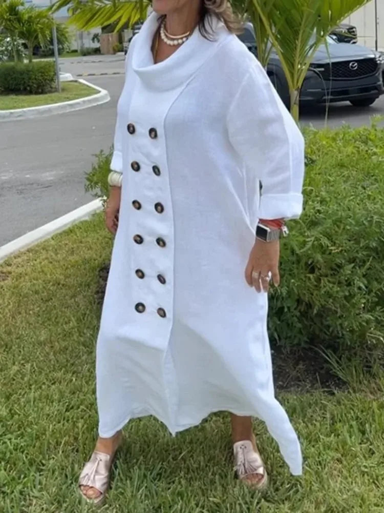 Yeezzi Women's Cotton-blend White Dress Long Sleeves Loose Solid Color High Neck Buttoned Pockets Casual Daily Maxi Dresses