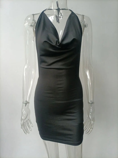 Sexy Mini Dress Lace Up Strap Pure Silod Party Club Elegant Y2K Hang Neck Hollow Backless Straples V Neck Elegant Evening Dresse