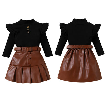 Pudcoco Toddler Girl 2 Piece Outfit Ruffles Long Sleeve Tops and Leather Pleated Skirt Set for Baby Fall Cute Clothes 18M-6T