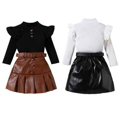 Pudcoco Toddler Girl 2 Piece Outfit Ruffles Long Sleeve Tops and Leather Pleated Skirt Set for Baby Fall Cute Clothes 18M-6T
