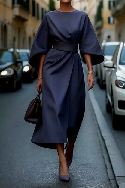 Women Fashion Elegant Solid Color Tight Waist Bat Sleeve Dress