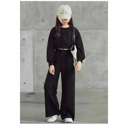 Girls Solid Colour Sets Children's Long-Sleeved Short Sweater Trousers 2Pcs Spring Autumn New Kids Fashion Casual Suit 4-12Y