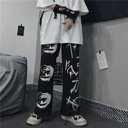 Black Japenese Printed Anime Y2k Sweatpants Male Streetwear Wide Leg Oversize Baggy Pants Casual Sport Causl Trousers Men 2023