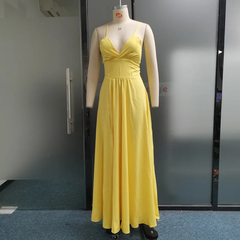 Women Sexy Spaghetti Strap V Neck Dresses Hollow Out Sleeveless Side Split Evening Dress Elegant Solid High Waist Pleat Vestidos