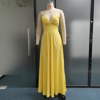 Women Sexy Spaghetti Strap V Neck Dresses Hollow Out Sleeveless Side Split Evening Dress Elegant Solid High Waist Pleat Vestidos