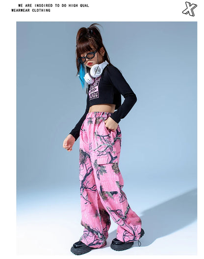 Kids Modern Hip Hop Dance Costumes For Girls Black Crop Tops Loose Pants Suit Children Jazz Dance Performance Clothes DQS15809
