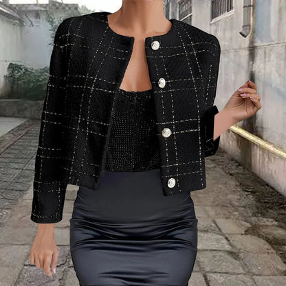 Womens Tweed Blazer Jacket 2024 Fall Cropped Open Front Collarless Jacket Casual Business Work Office Plaid Suit with Button