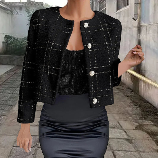 Womens Tweed Blazer Jacket 2024 Fall Cropped Open Front Collarless Jacket Casual Business Work Office Plaid Suit with Button