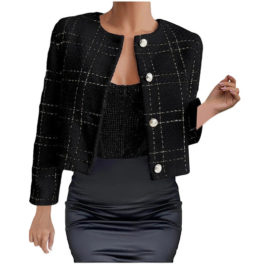 Womens Tweed Blazer Jacket 2024 Fall Cropped Open Front Collarless Jacket Casual Business Work Office Plaid Suit with Button
